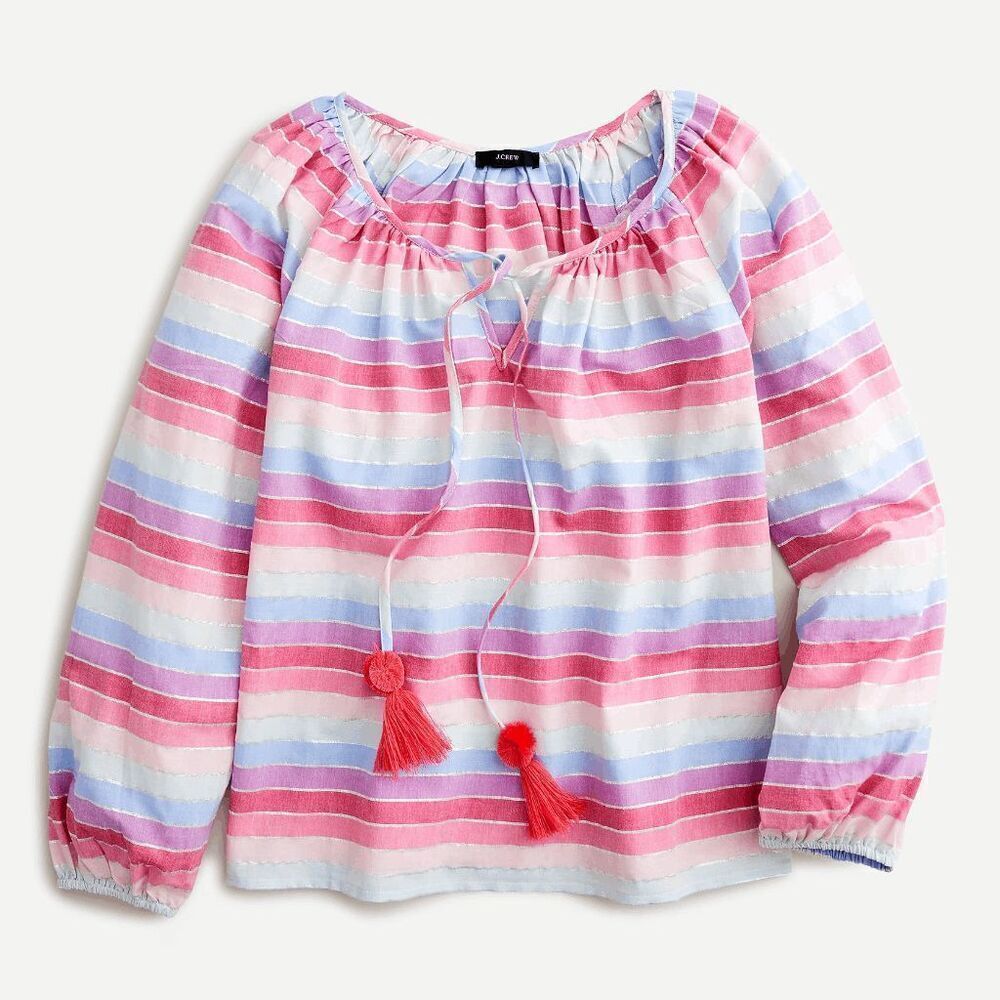 J. Crew Metallic Pastel Stripe Tassel Tie Peasant Top Women's Size Medium NWT